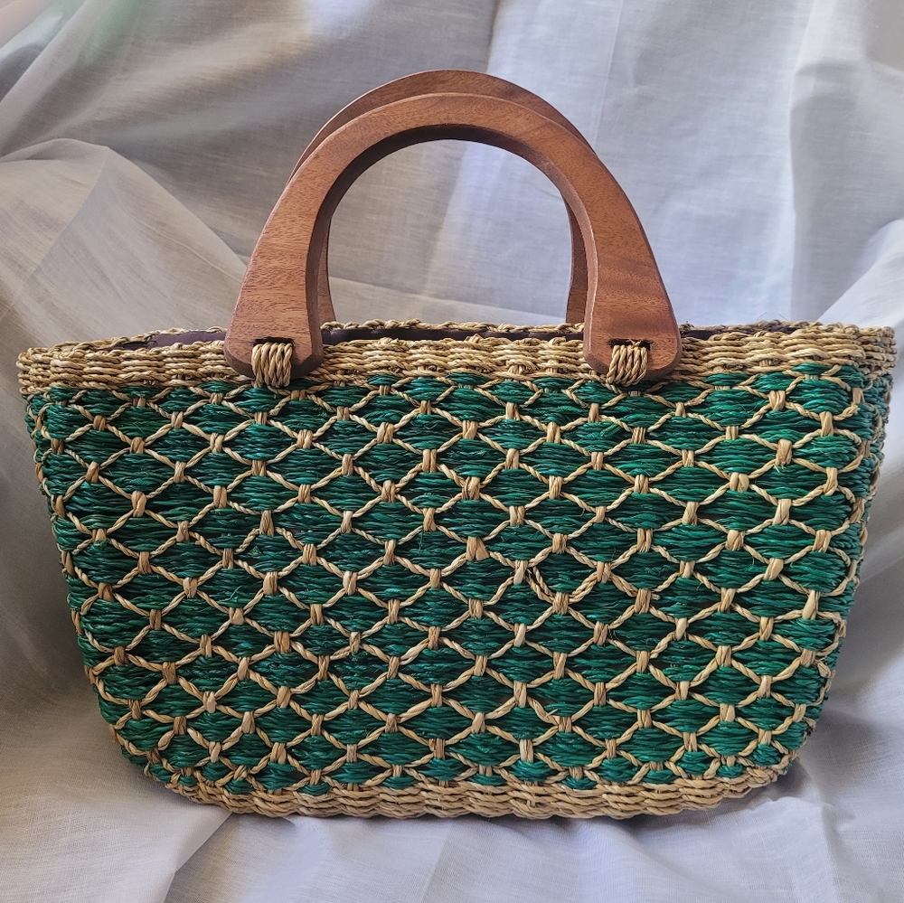 Brand New Woven Basket Purse - Green & Beige